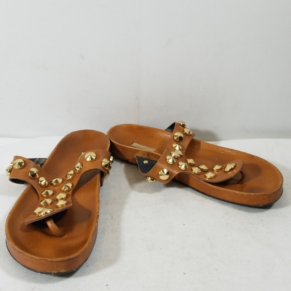 Schutz Tan Leather Studded Slide On Sandals 37